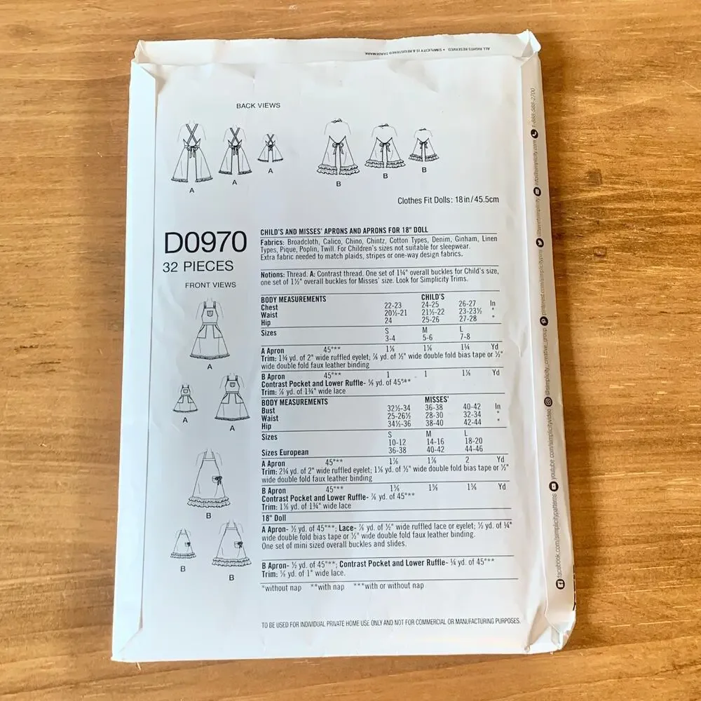 Simplicity Pattern D0970 Sizes S-L Childs & Misses Aprons & 18